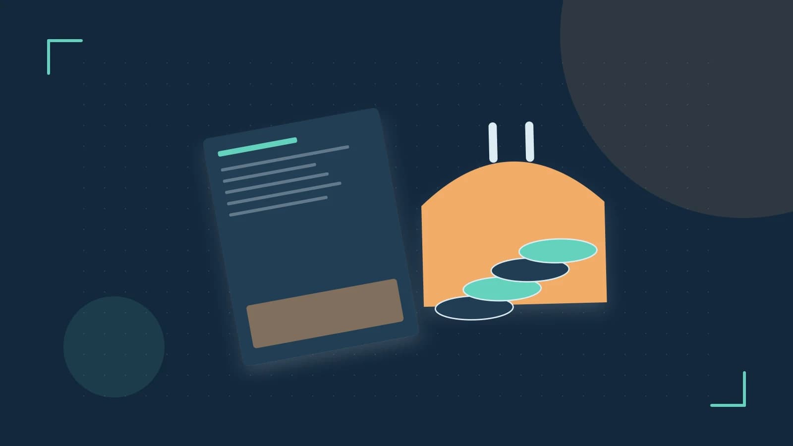 Editorial illustration of abstract coins, a payment card and a geometric financial chart without data labels