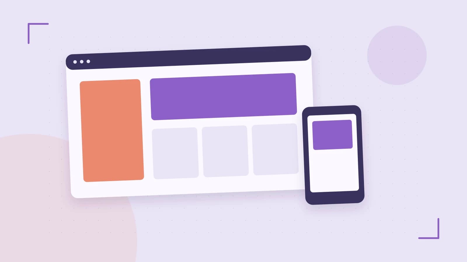 Editorial illustration of responsive browser layouts, overlapping design components and a color system
