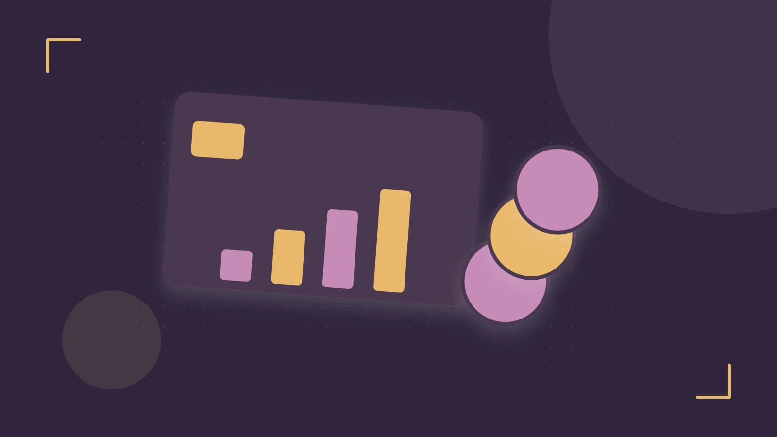 Editorial illustration of abstract coins, a payment card and a geometric financial chart without data labels