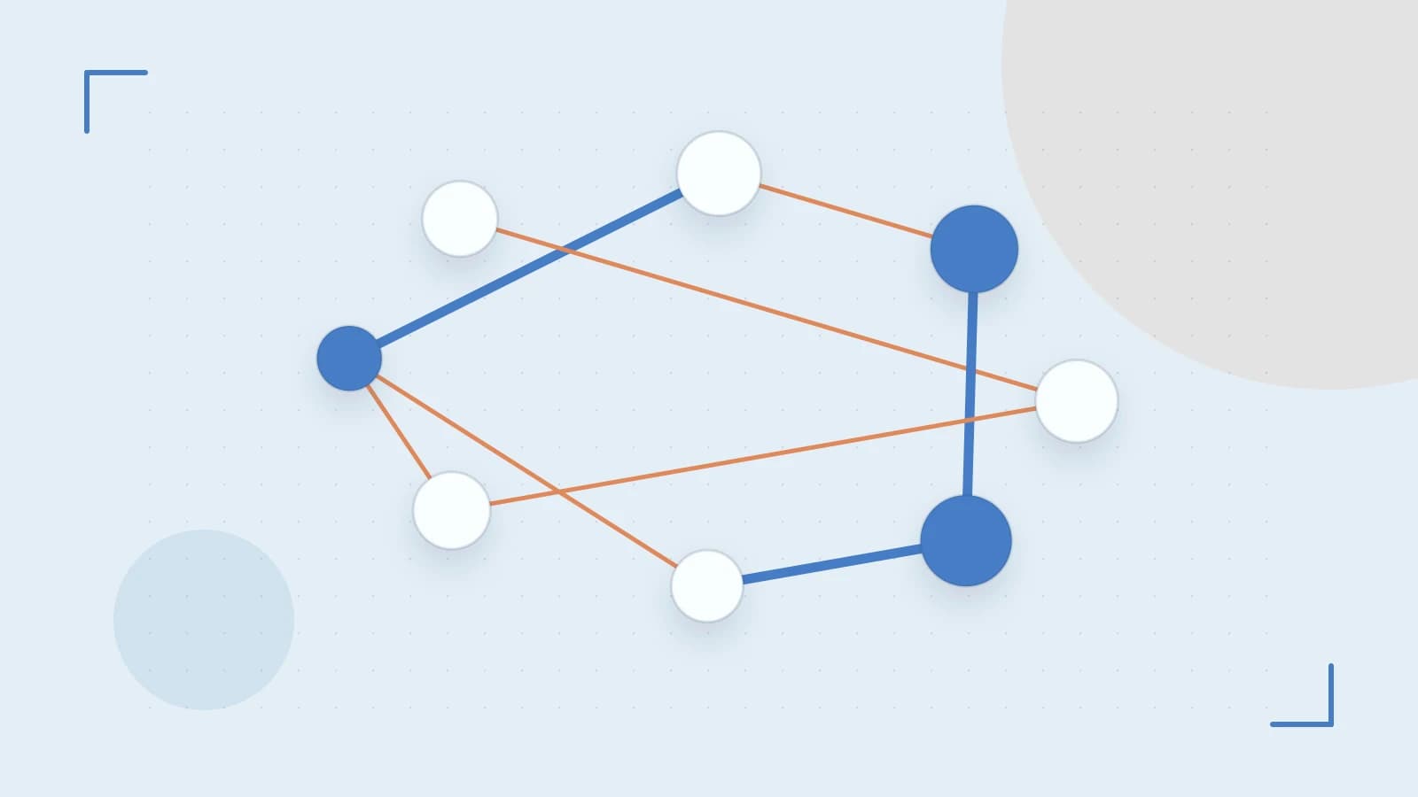 Editorial illustration of an algorithmic node graph with branching paths and a highlighted result
