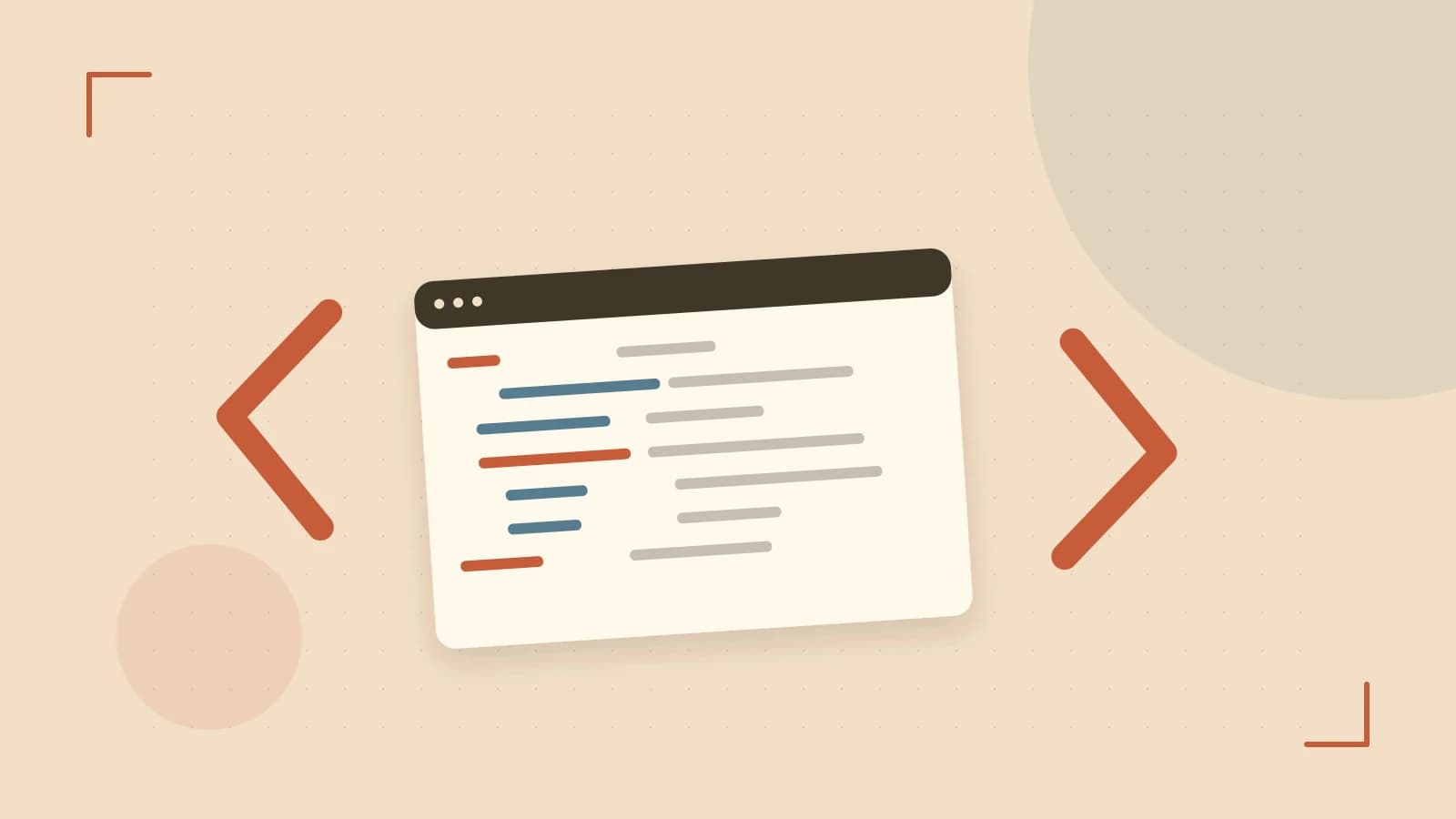 Editorial illustration of an abstract code editor, syntax blocks and oversized programming brackets