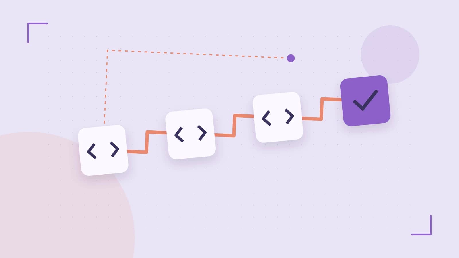 Editorial illustration of a branching build pipeline, staged transformations and a completed check