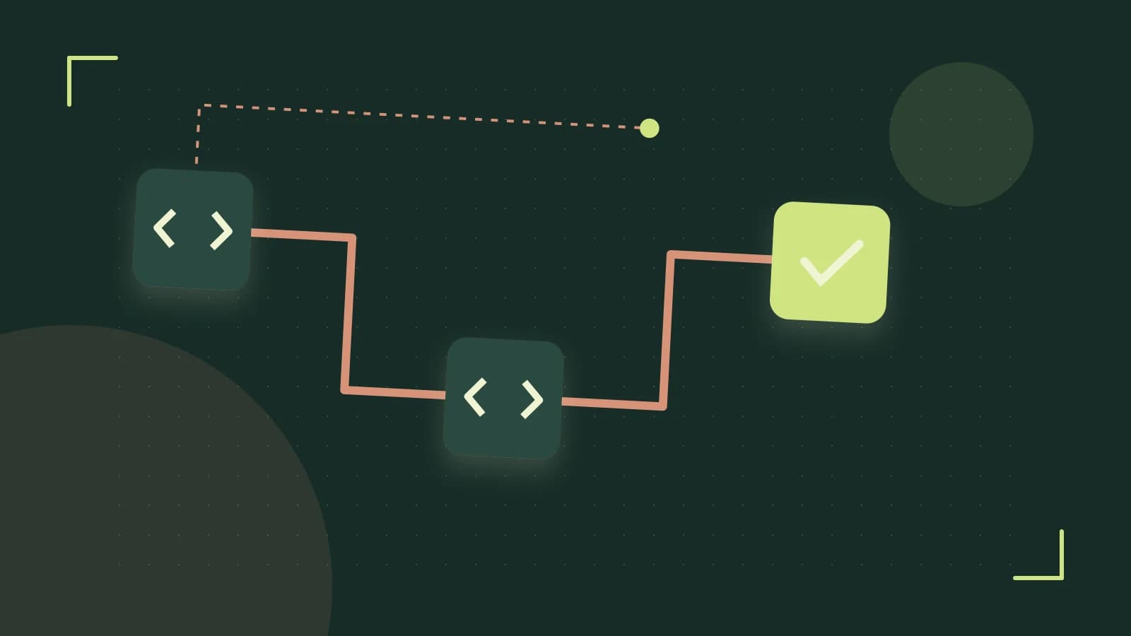 Editorial illustration of a branching build pipeline, staged transformations and a completed check