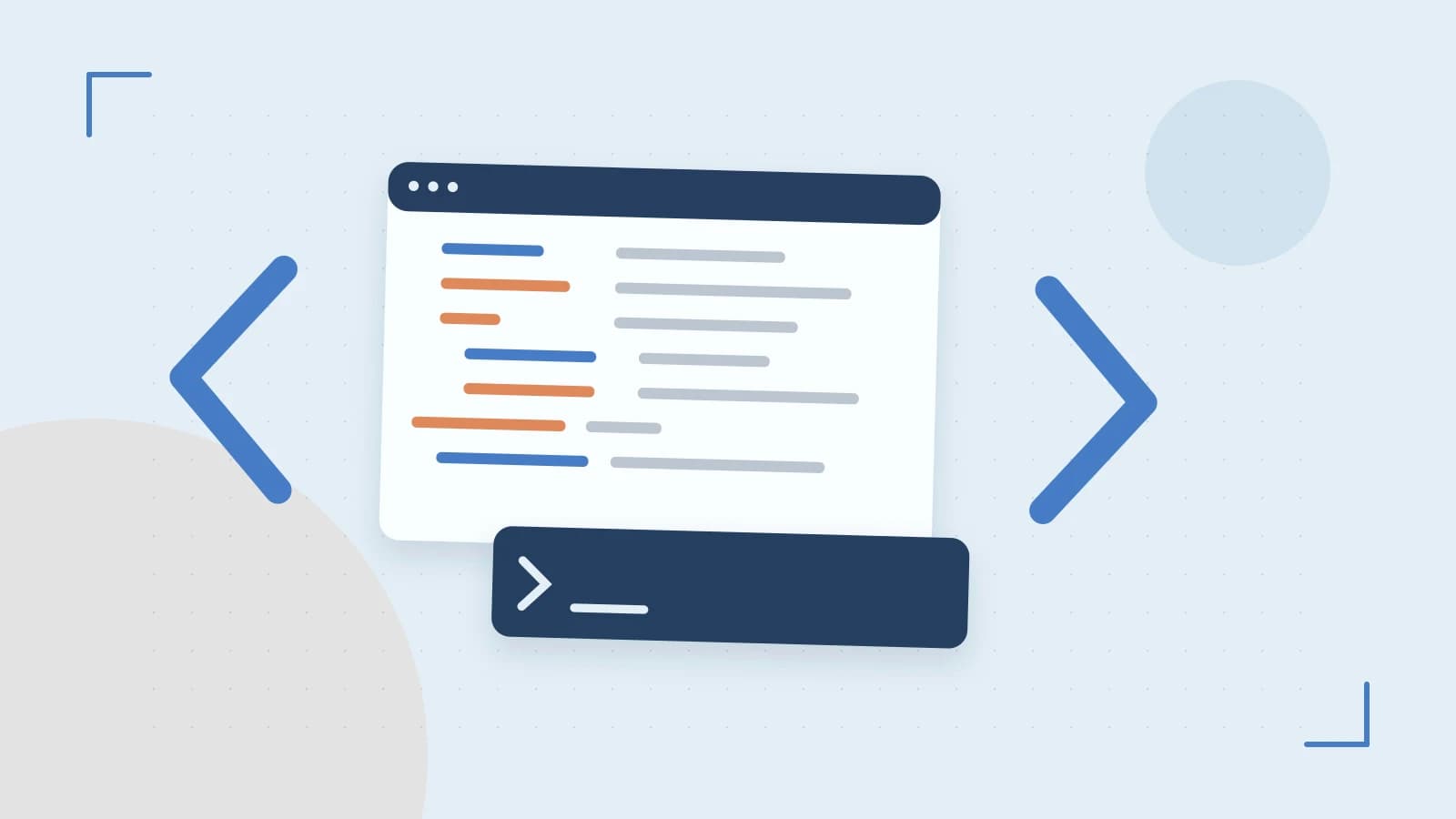 Editorial illustration of an abstract code editor, syntax blocks and oversized programming brackets