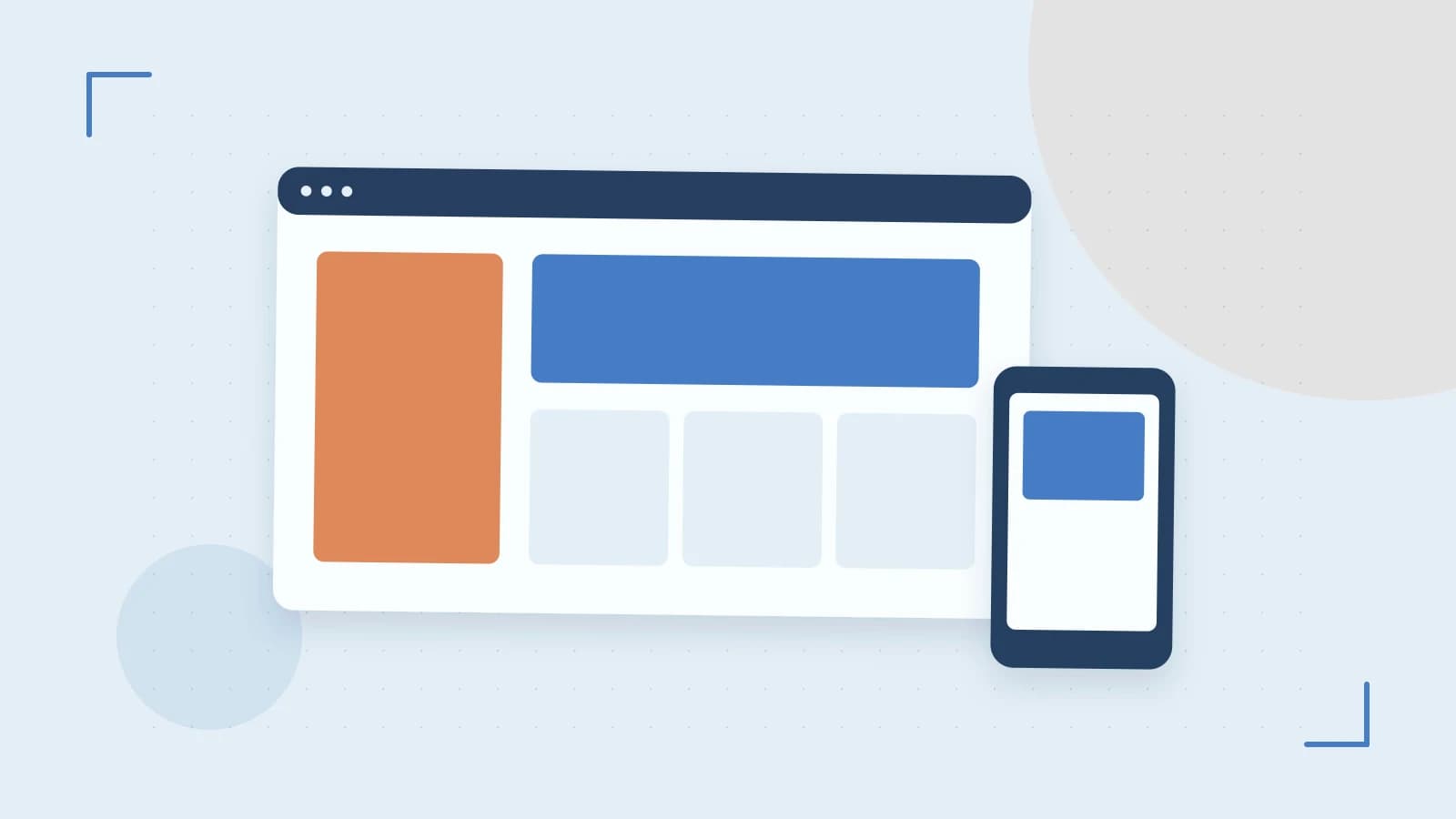 Editorial illustration of responsive browser layouts, overlapping design components and a color system
