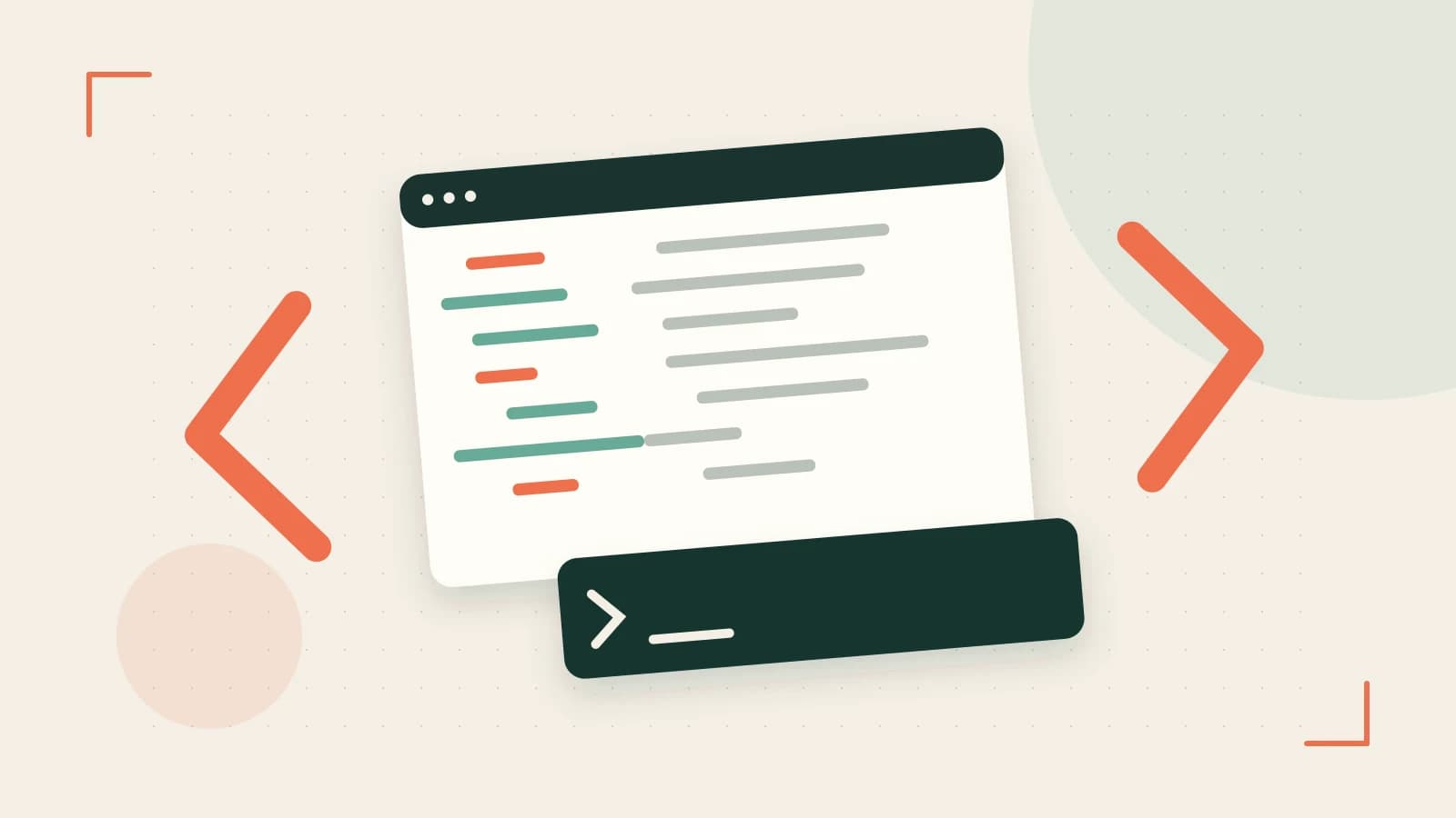 Editorial illustration of an abstract code editor, syntax blocks and oversized programming brackets