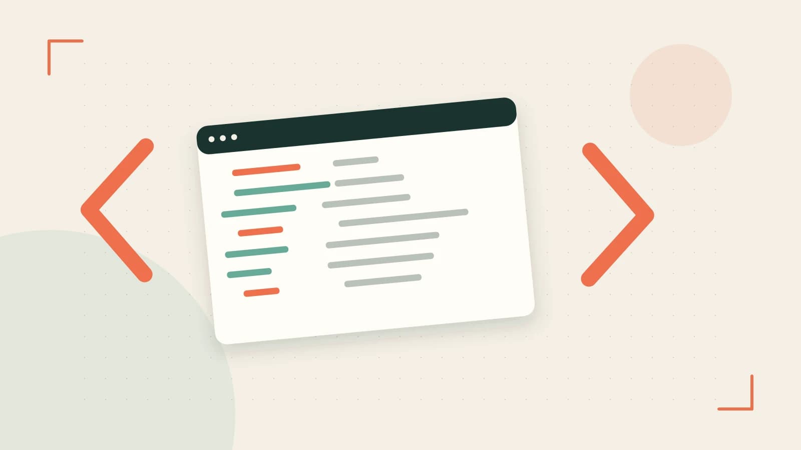 Editorial illustration of an abstract code editor, syntax blocks and oversized programming brackets