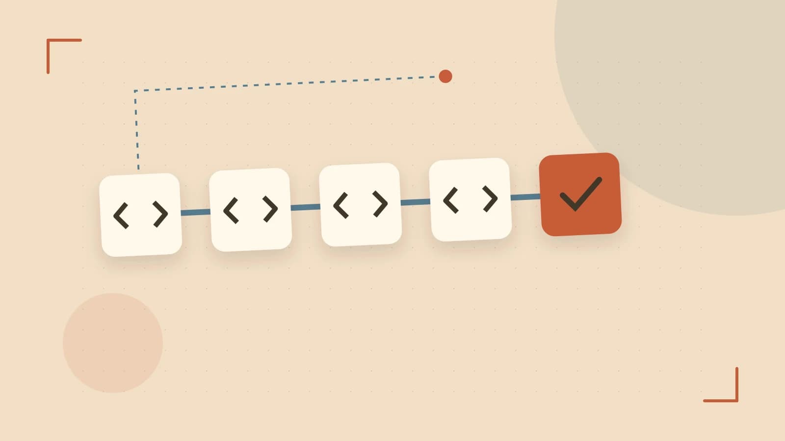 Editorial illustration of a branching build pipeline, staged transformations and a completed check