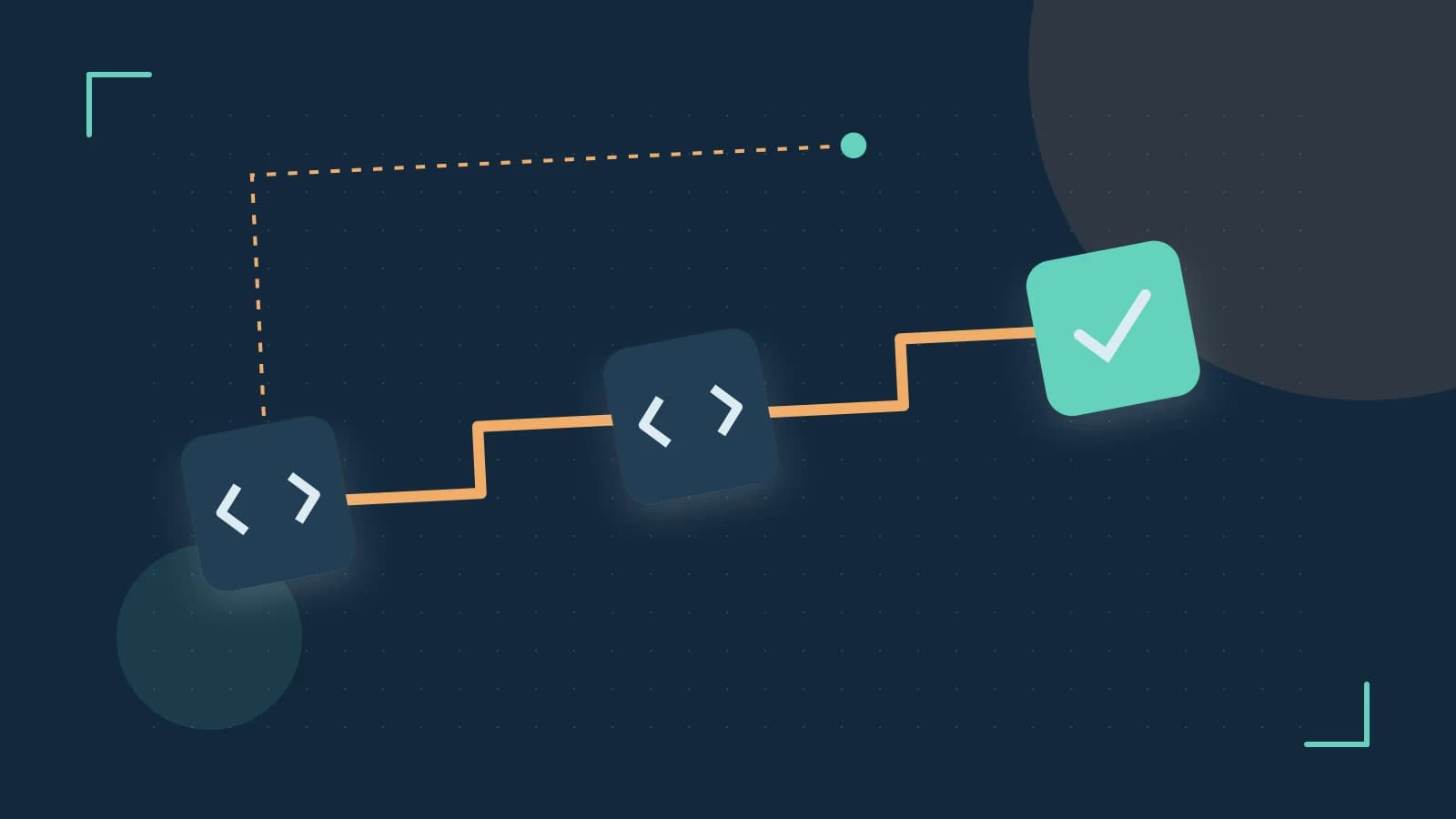 Editorial illustration of a branching build pipeline, staged transformations and a completed check