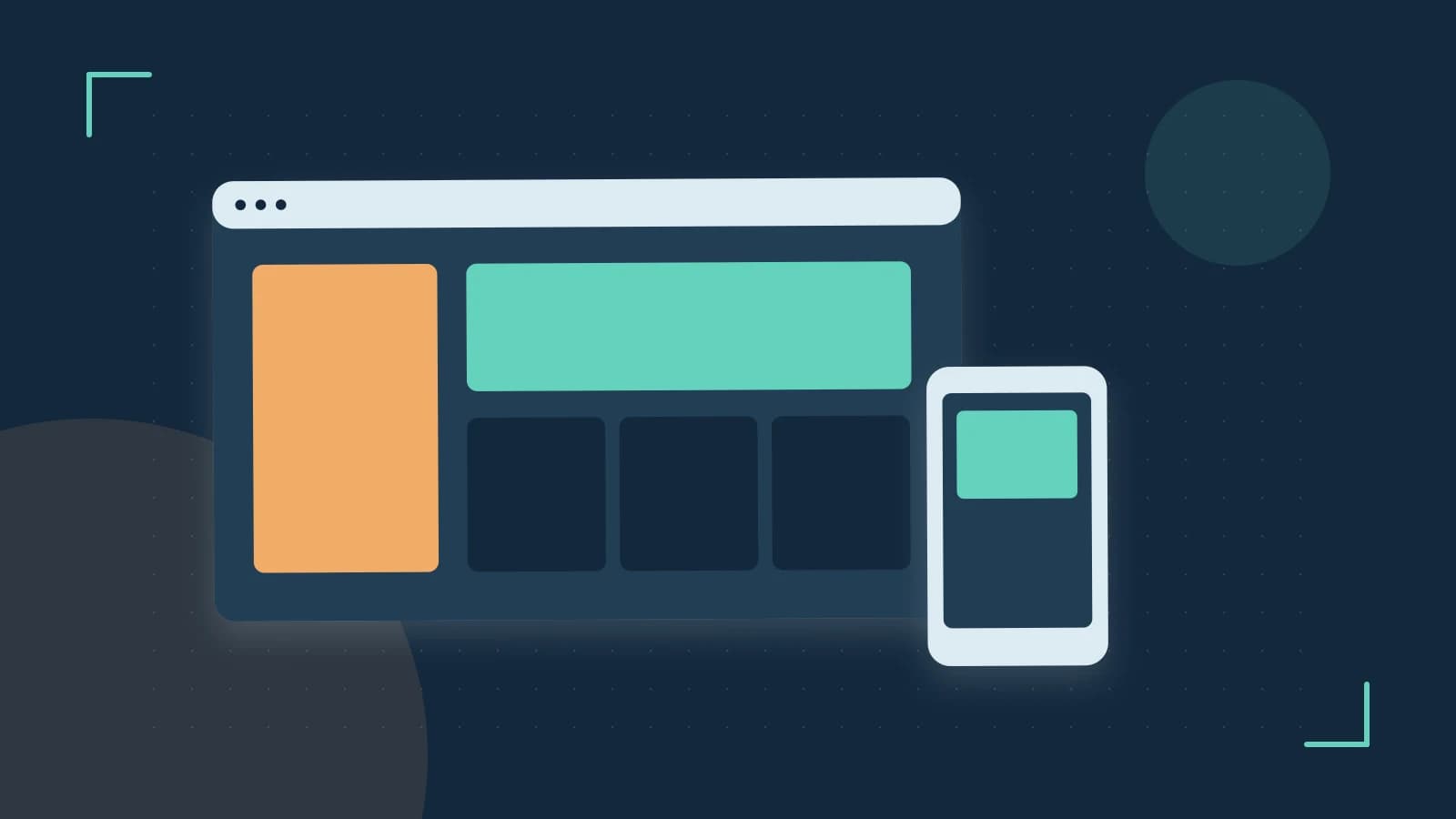 Editorial illustration of responsive browser layouts, overlapping design components and a color system