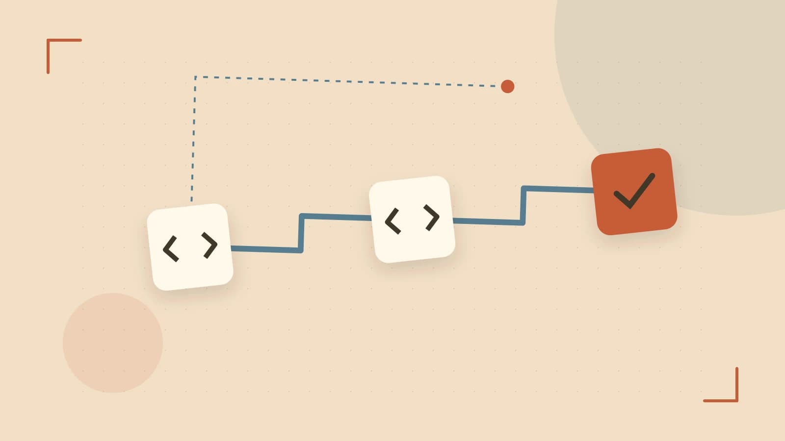 Editorial illustration of a branching build pipeline, staged transformations and a completed check