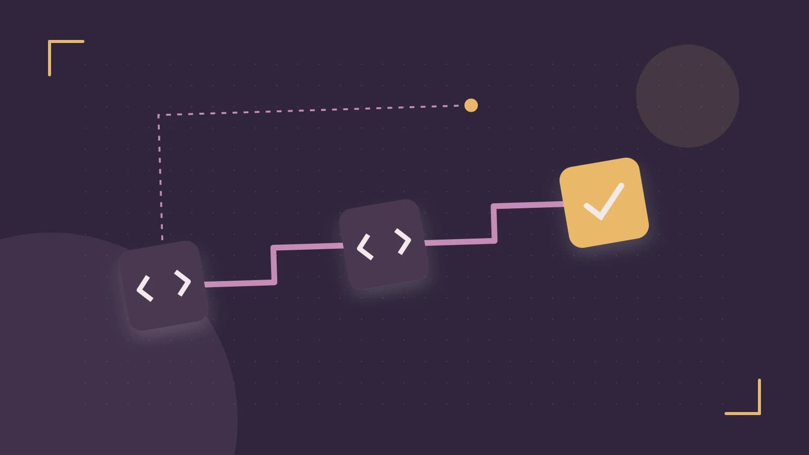 Editorial illustration of a branching build pipeline, staged transformations and a completed check