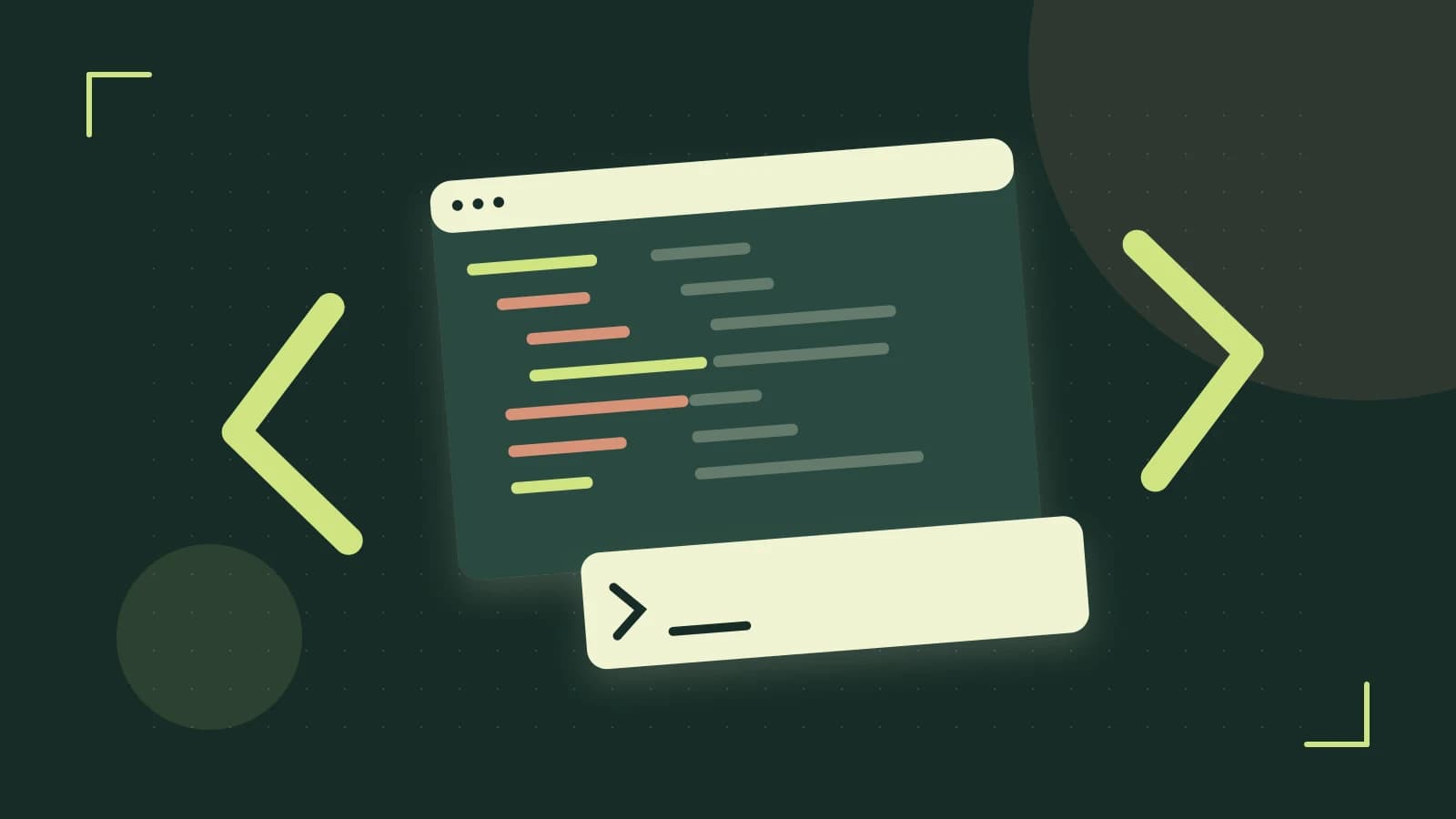 Editorial illustration of an abstract code editor, syntax blocks and oversized programming brackets