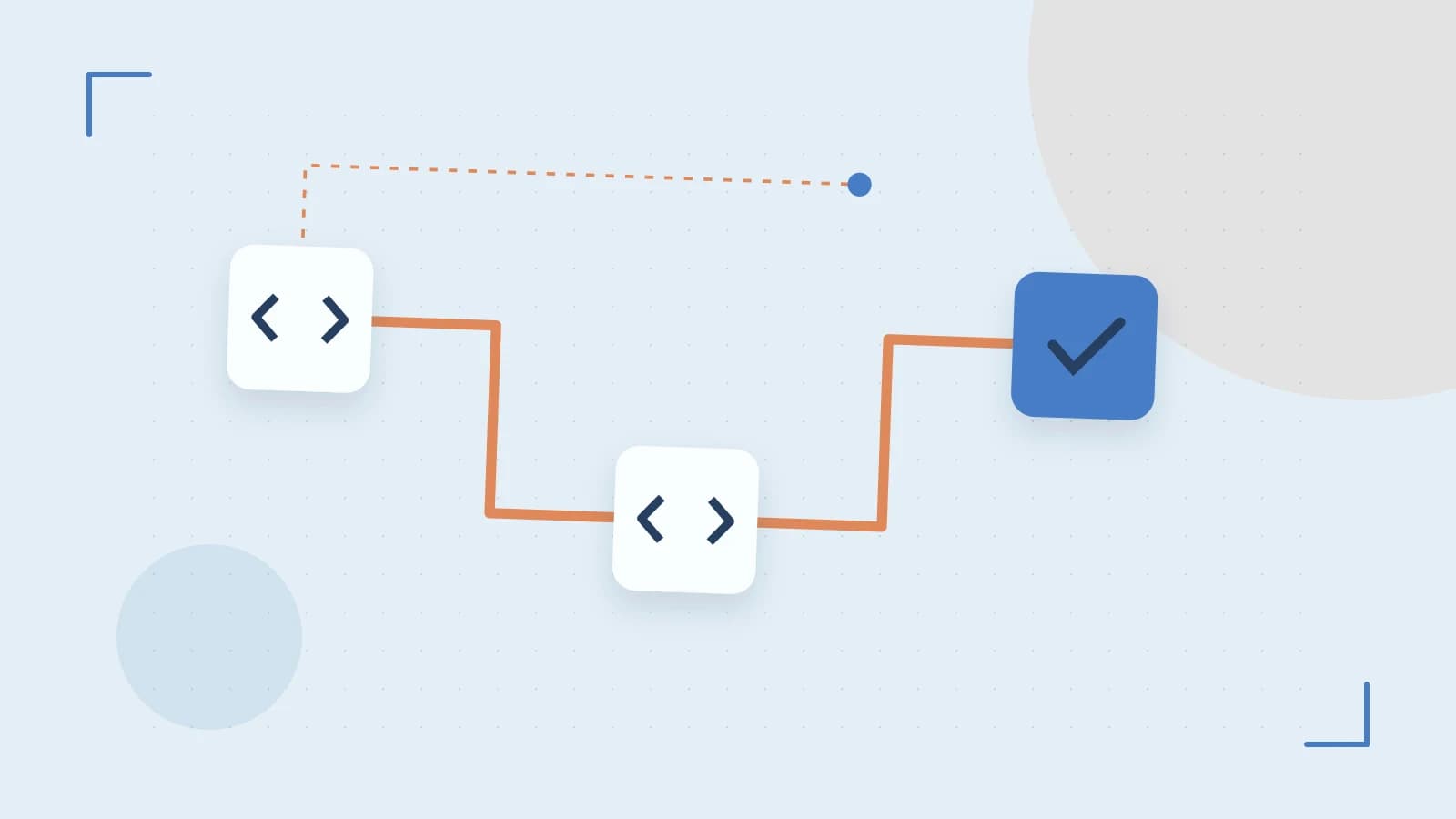Editorial illustration of a branching build pipeline, staged transformations and a completed check
