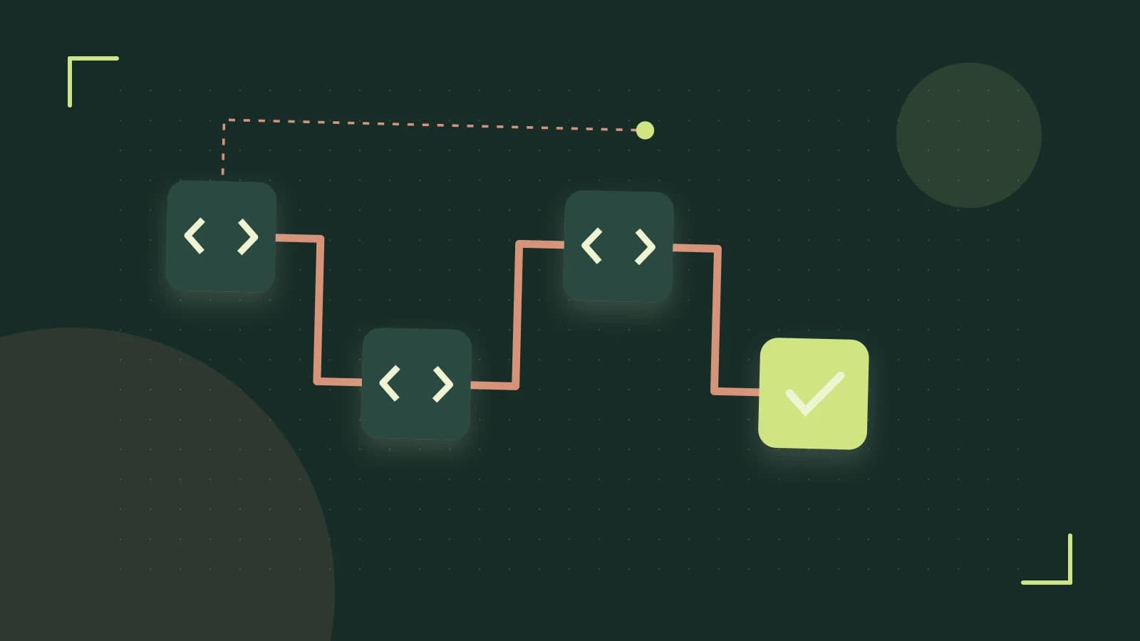 Editorial illustration of a branching build pipeline, staged transformations and a completed check