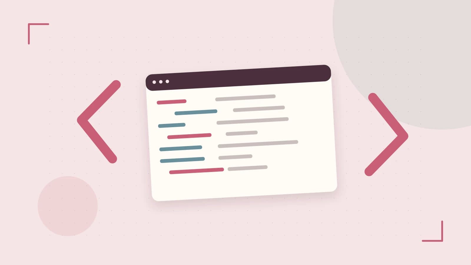 Editorial illustration of an abstract code editor, syntax blocks and oversized programming brackets