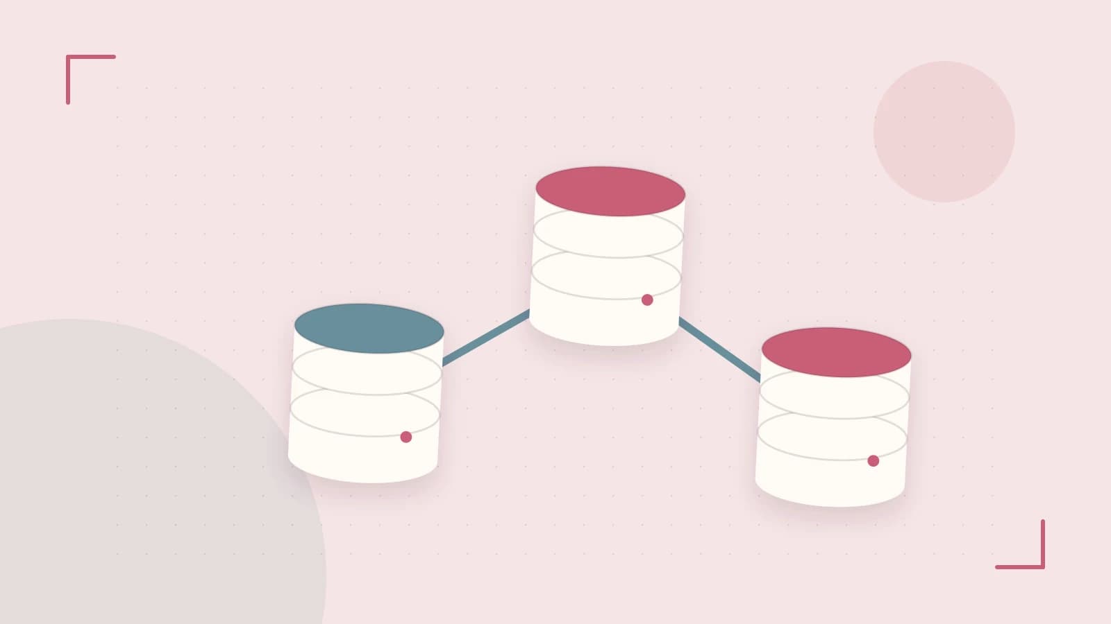 Editorial illustration of structured records, database cylinders and relationships between tables