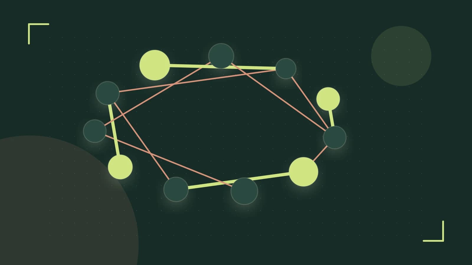Editorial illustration of an algorithmic node graph with branching paths and a highlighted result