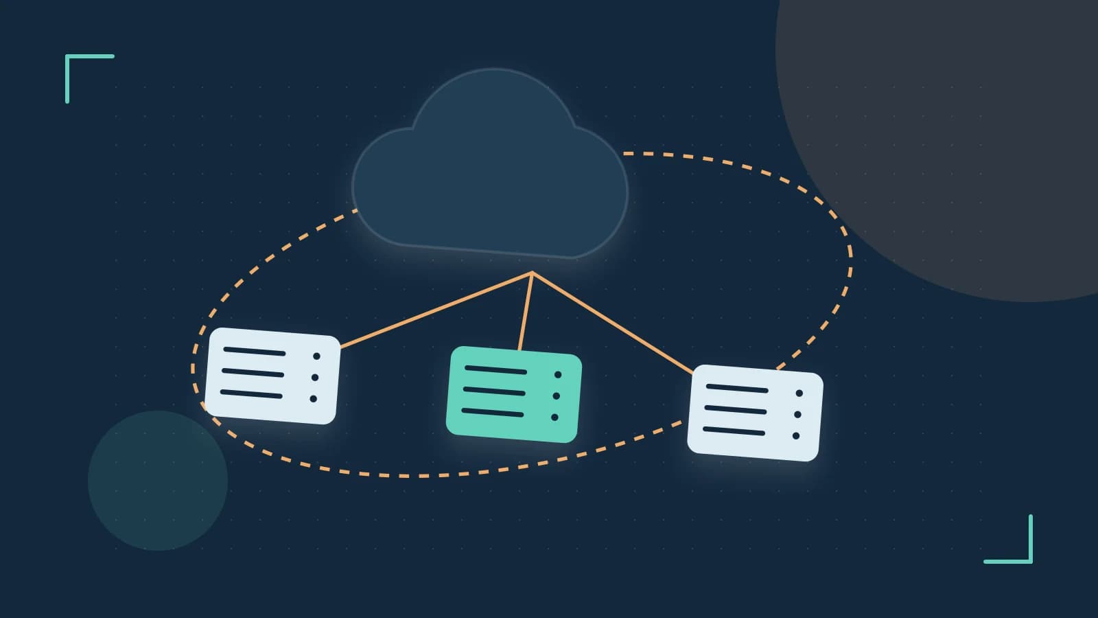 Editorial illustration of cloud infrastructure, connected server racks and an orbital service map