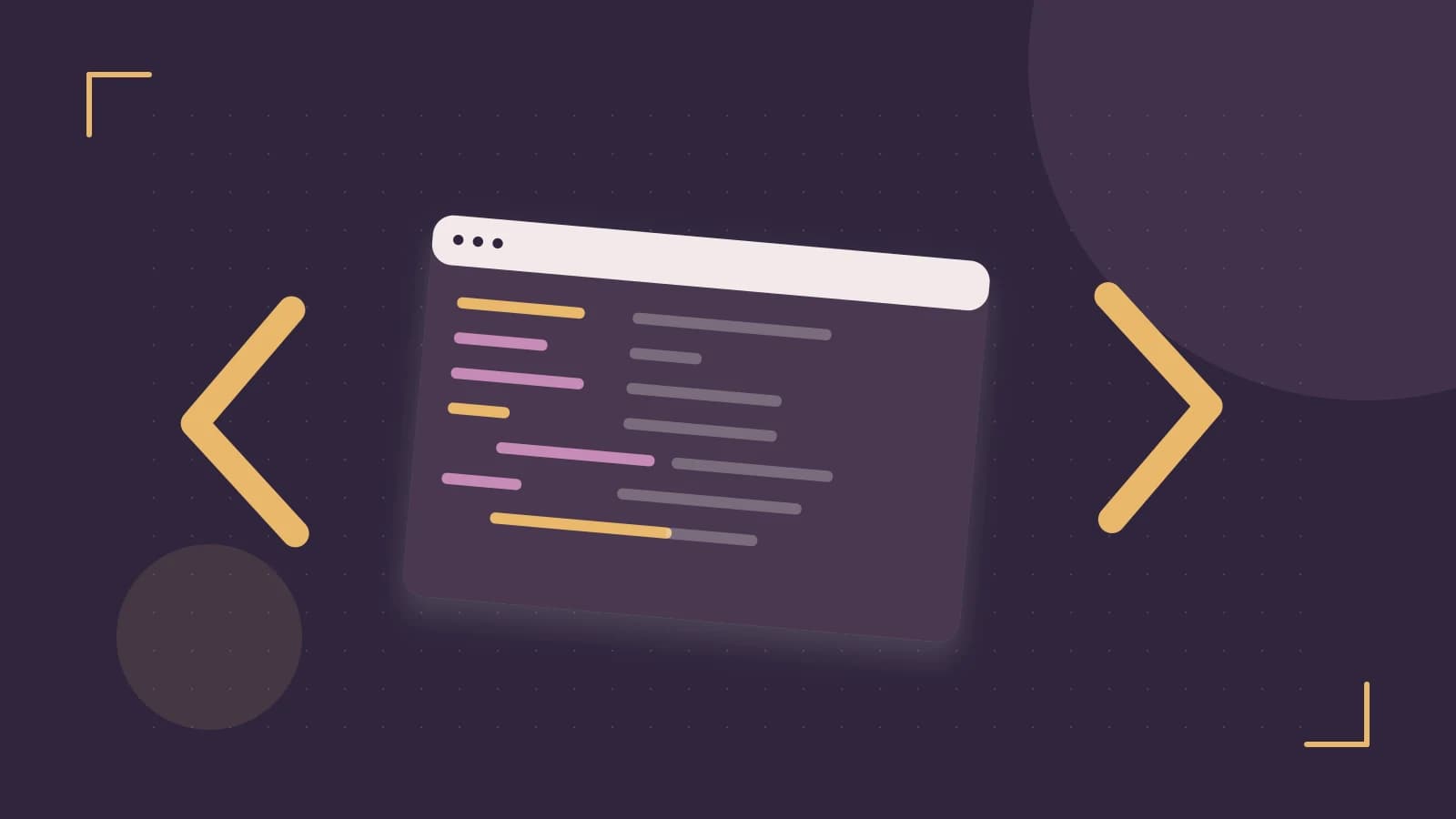 Editorial illustration of an abstract code editor, syntax blocks and oversized programming brackets