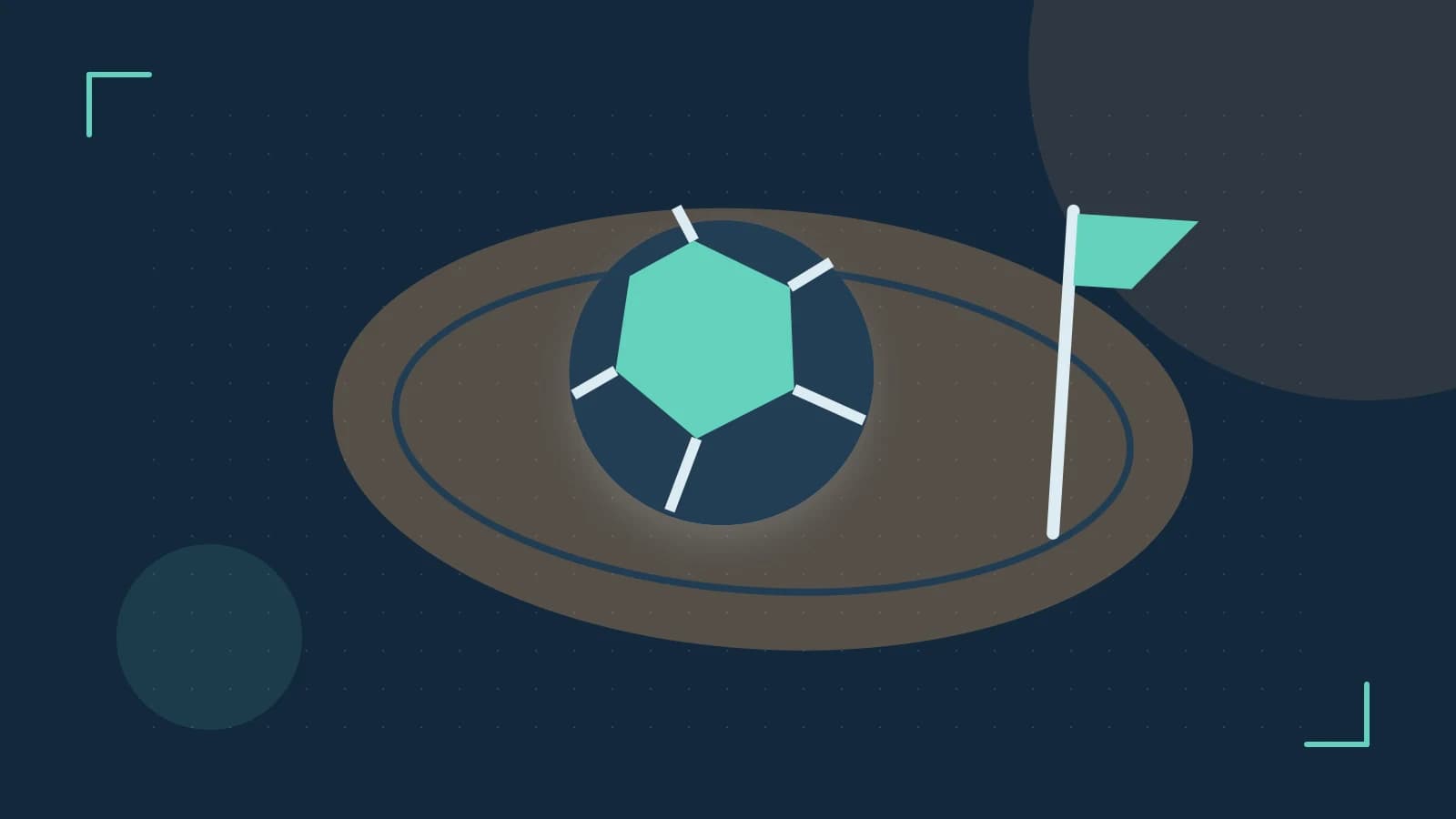 Editorial illustration of a stylized sports ball, stadium geometry and dynamic arcs