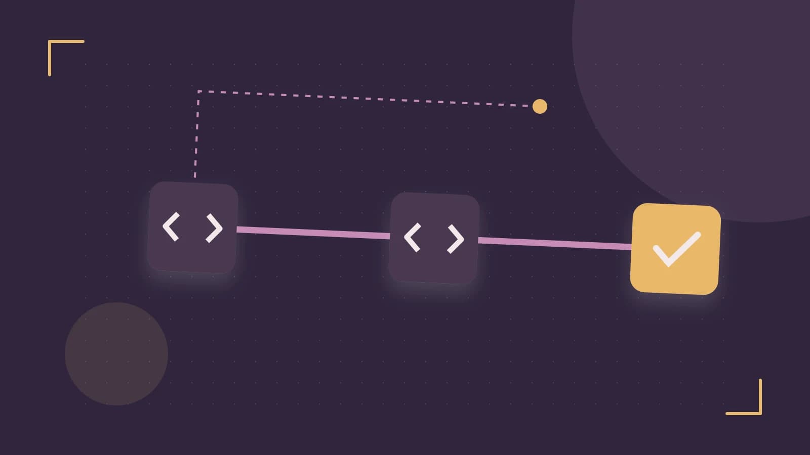 Editorial illustration of a branching build pipeline, staged transformations and a completed check