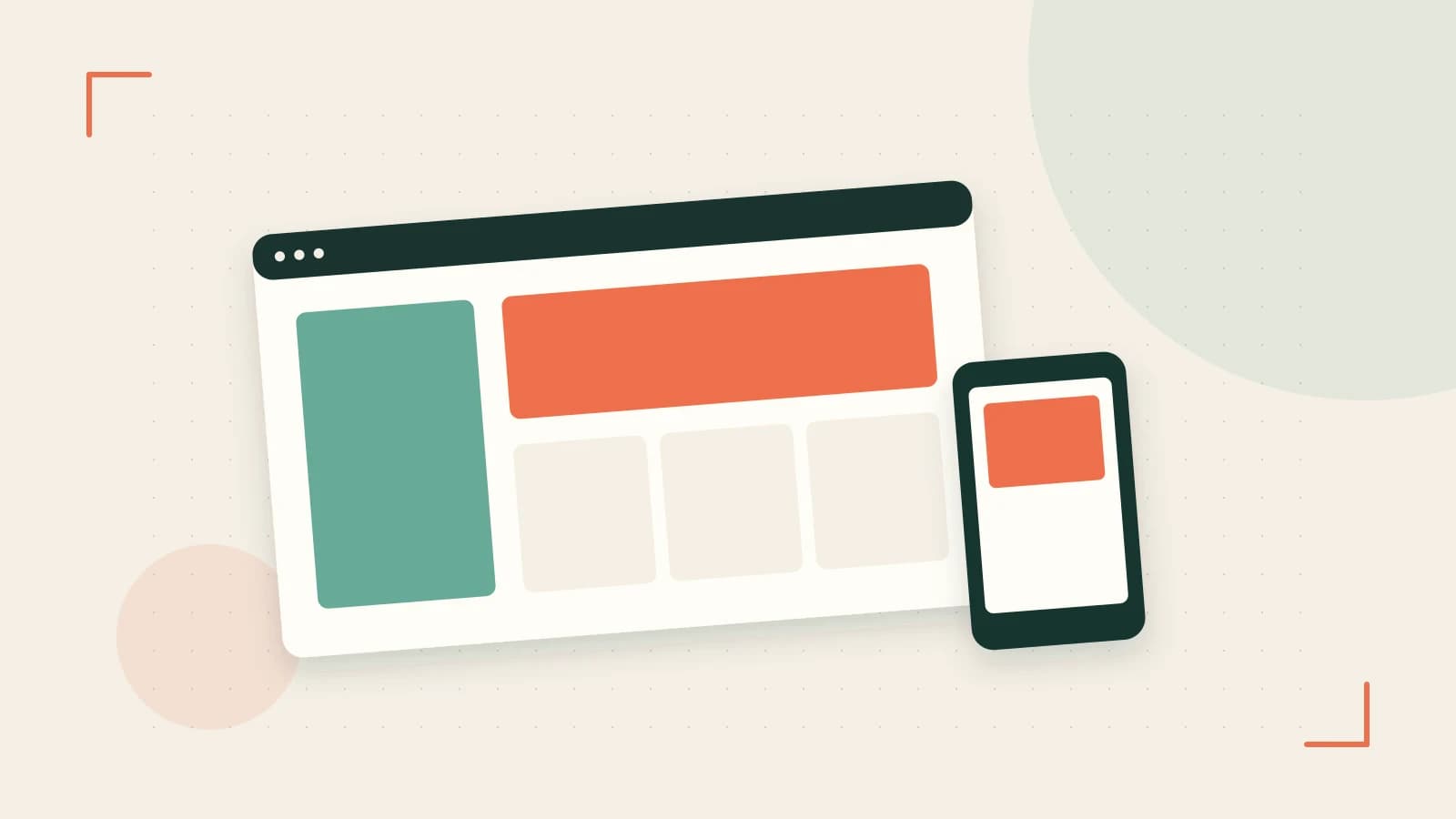 Editorial illustration of responsive browser layouts, overlapping design components and a color system
