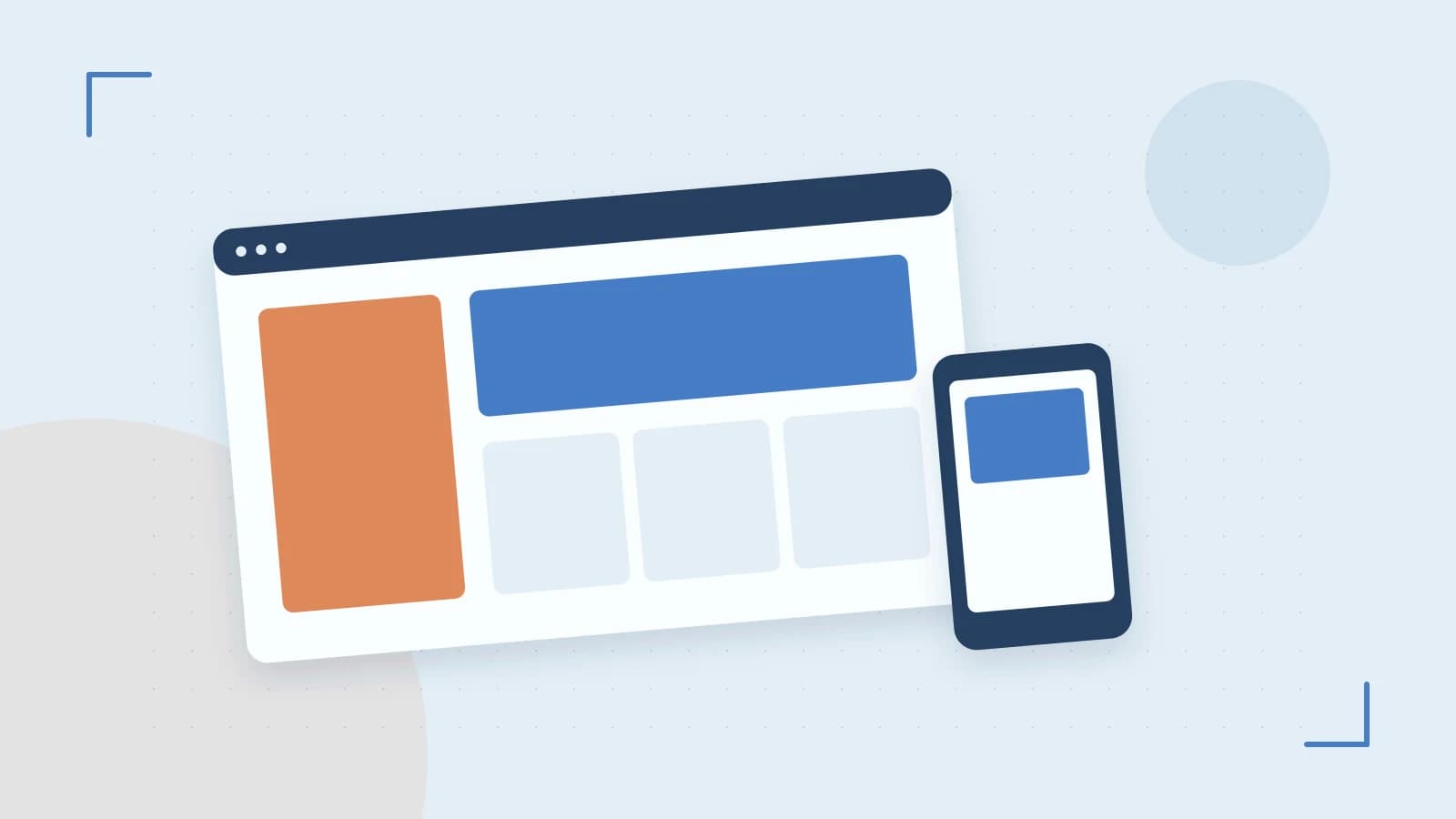 Editorial illustration of responsive browser layouts, overlapping design components and a color system
