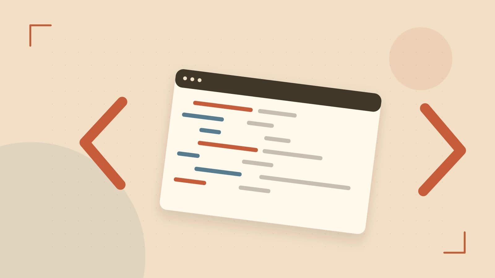 Editorial illustration of an abstract code editor, syntax blocks and oversized programming brackets