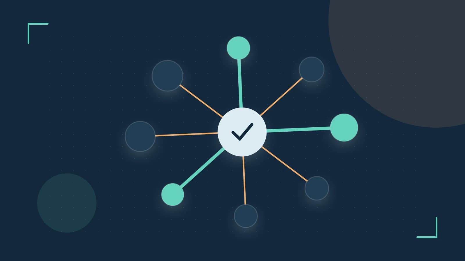 Editorial illustration of an algorithmic node graph with branching paths and a highlighted result