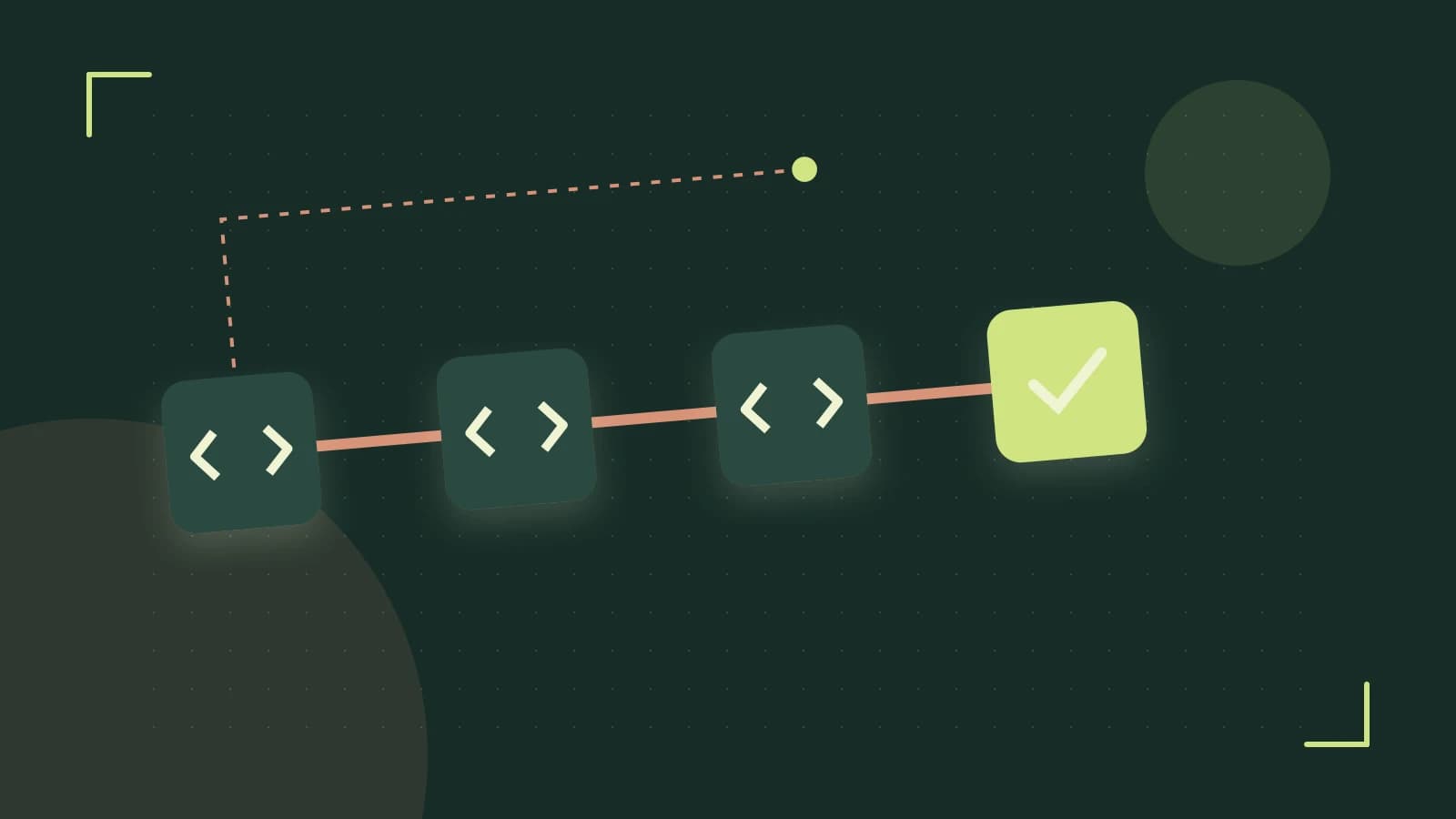 Editorial illustration of a branching build pipeline, staged transformations and a completed check
