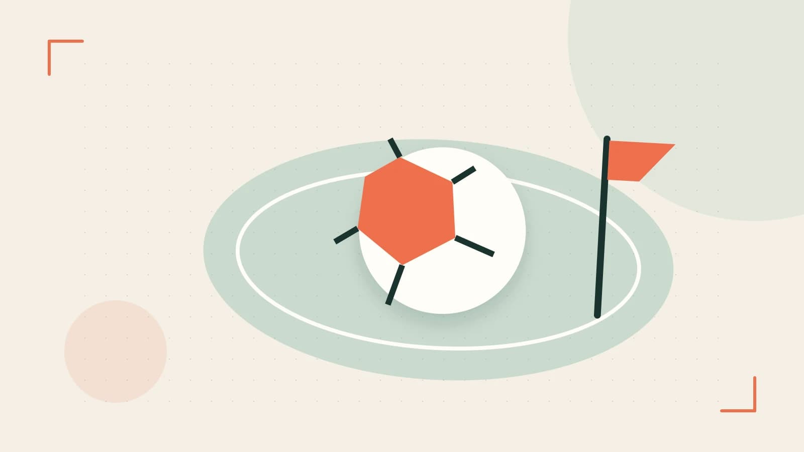 Editorial illustration of a stylized sports ball, stadium geometry and dynamic arcs