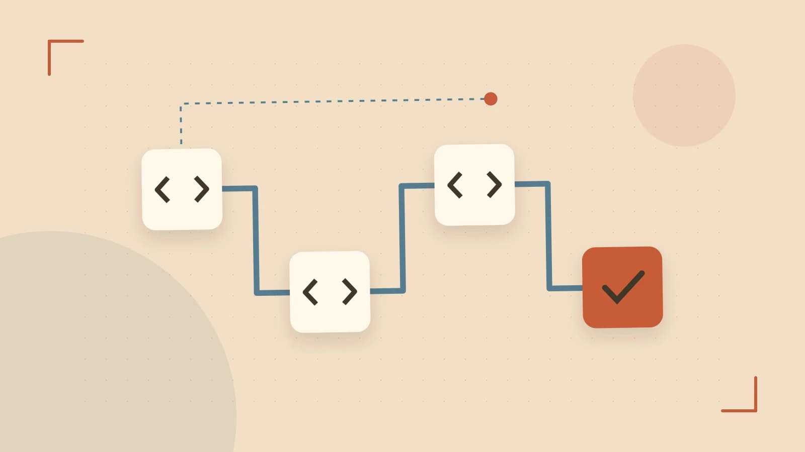 Editorial illustration of a branching build pipeline, staged transformations and a completed check