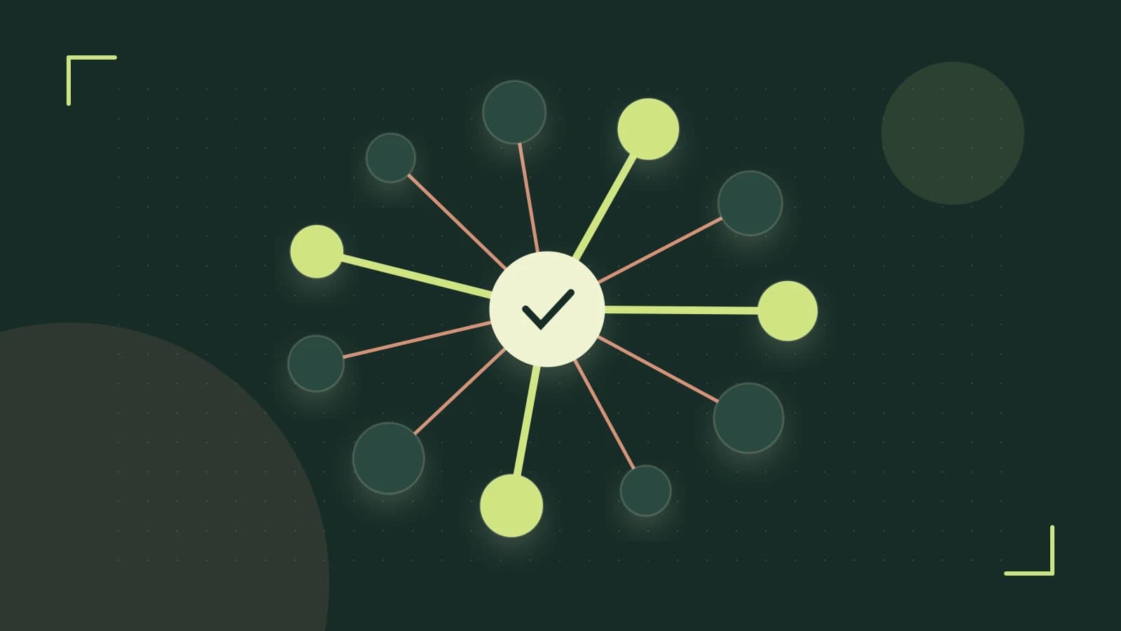 Editorial illustration of an algorithmic node graph with branching paths and a highlighted result