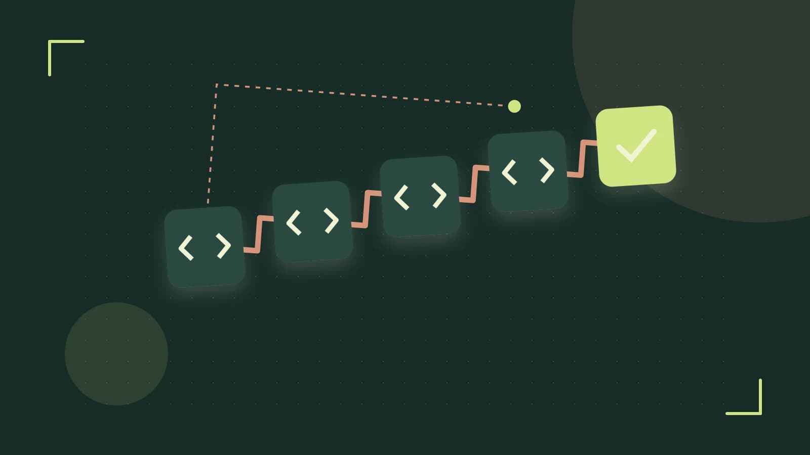 Editorial illustration of a branching build pipeline, staged transformations and a completed check