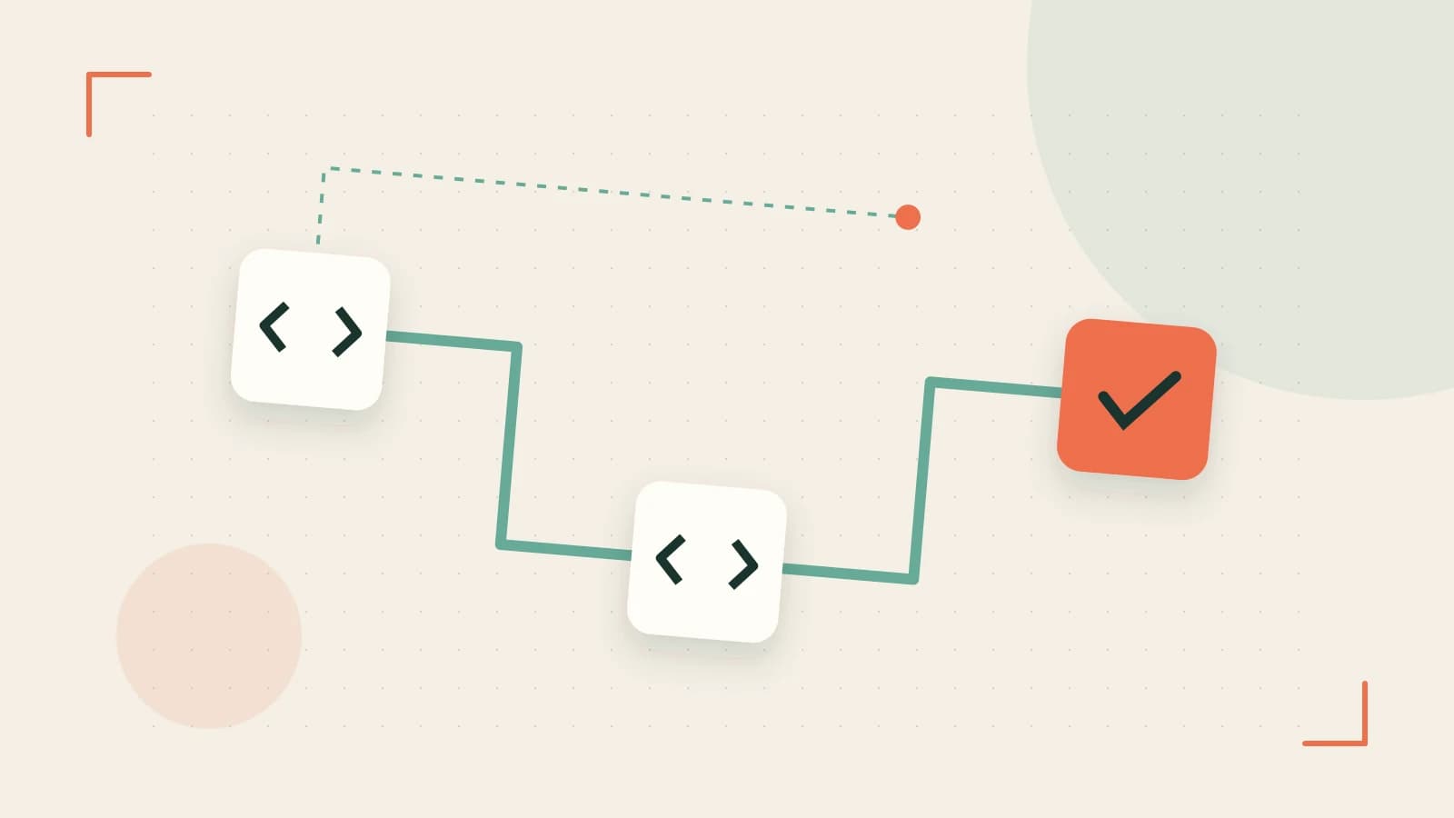 Editorial illustration of a branching build pipeline, staged transformations and a completed check