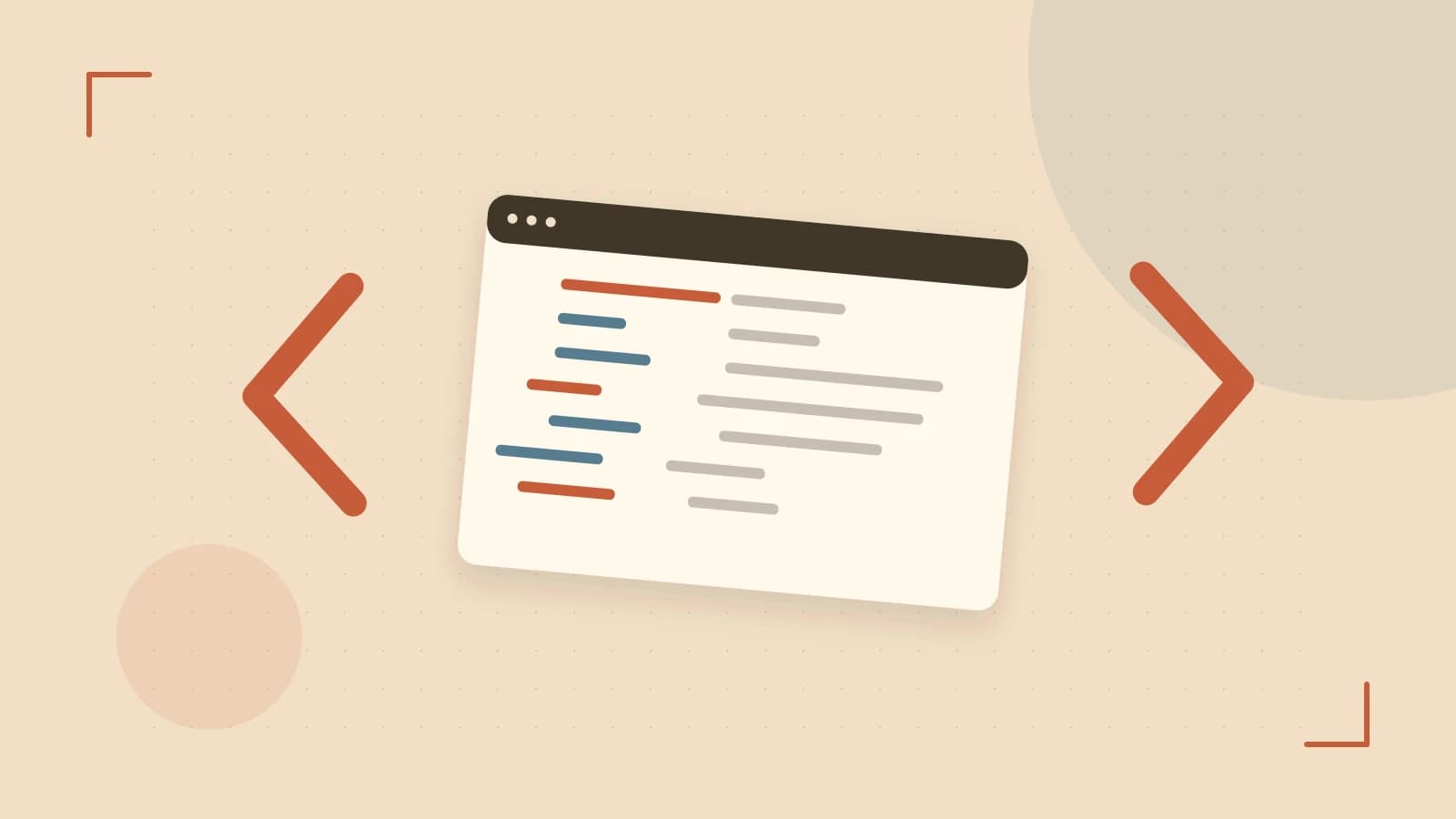 Editorial illustration of an abstract code editor, syntax blocks and oversized programming brackets