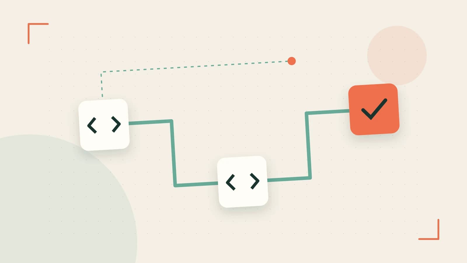Editorial illustration of a branching build pipeline, staged transformations and a completed check