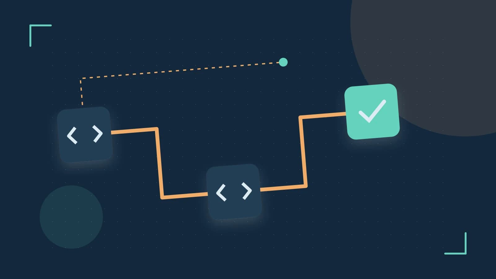 Editorial illustration of a branching build pipeline, staged transformations and a completed check