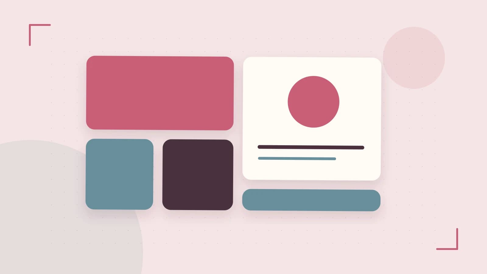 Editorial illustration of responsive browser layouts, overlapping design components and a color system