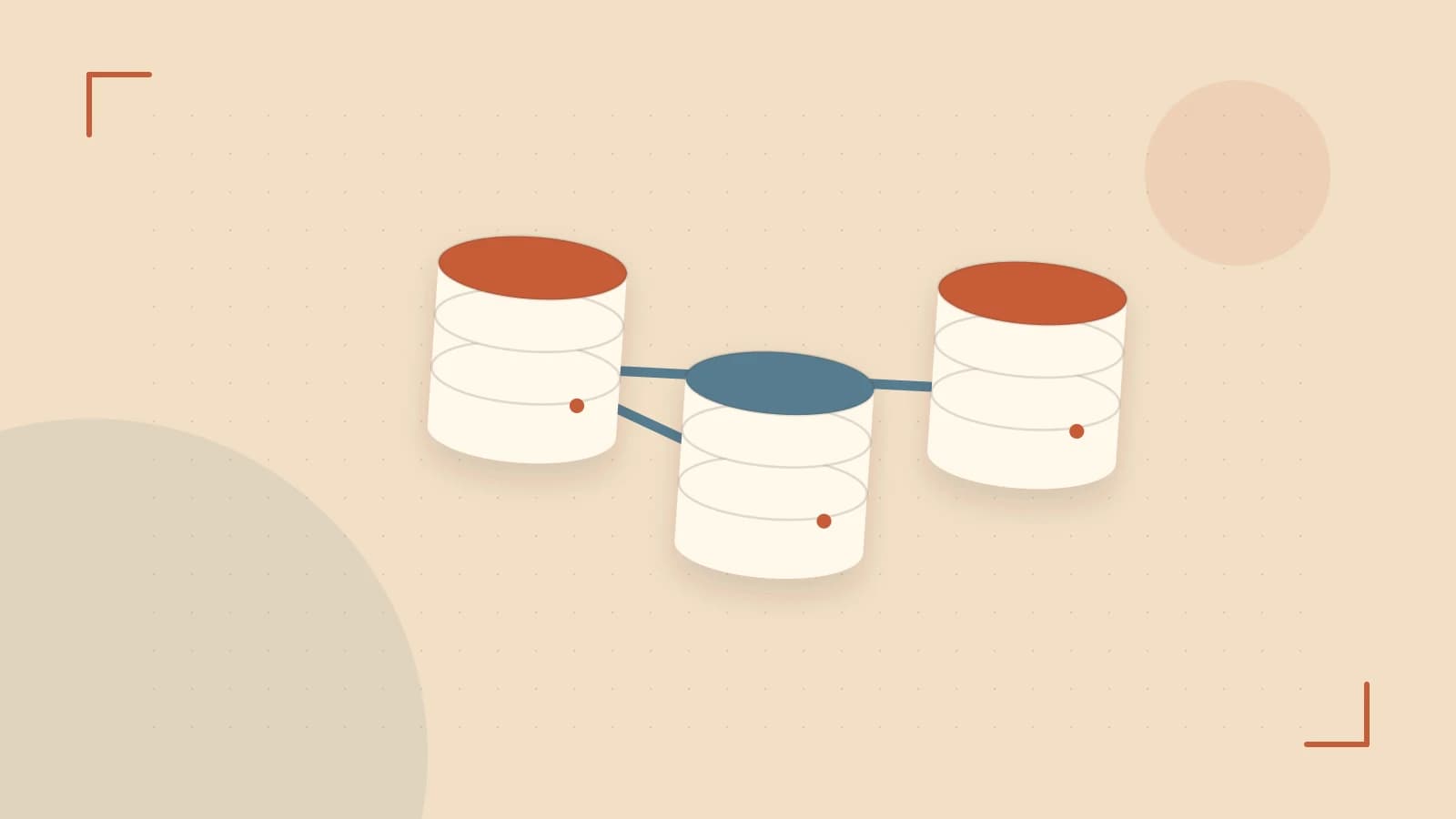 Editorial illustration of structured records, database cylinders and relationships between tables