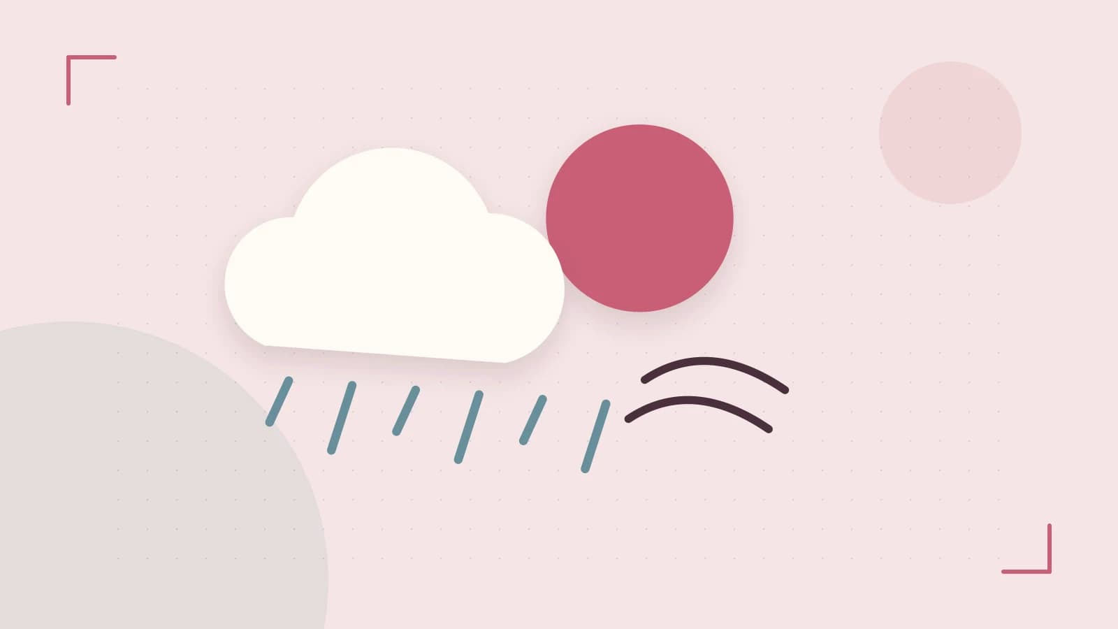 Editorial illustration of a sun, layered clouds, raindrops and flowing weather patterns
