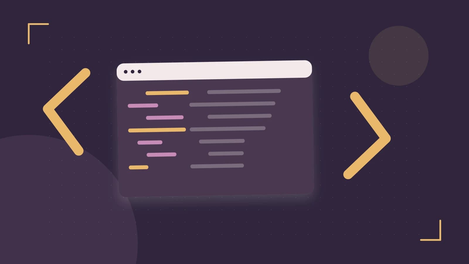 Editorial illustration of an abstract code editor, syntax blocks and oversized programming brackets