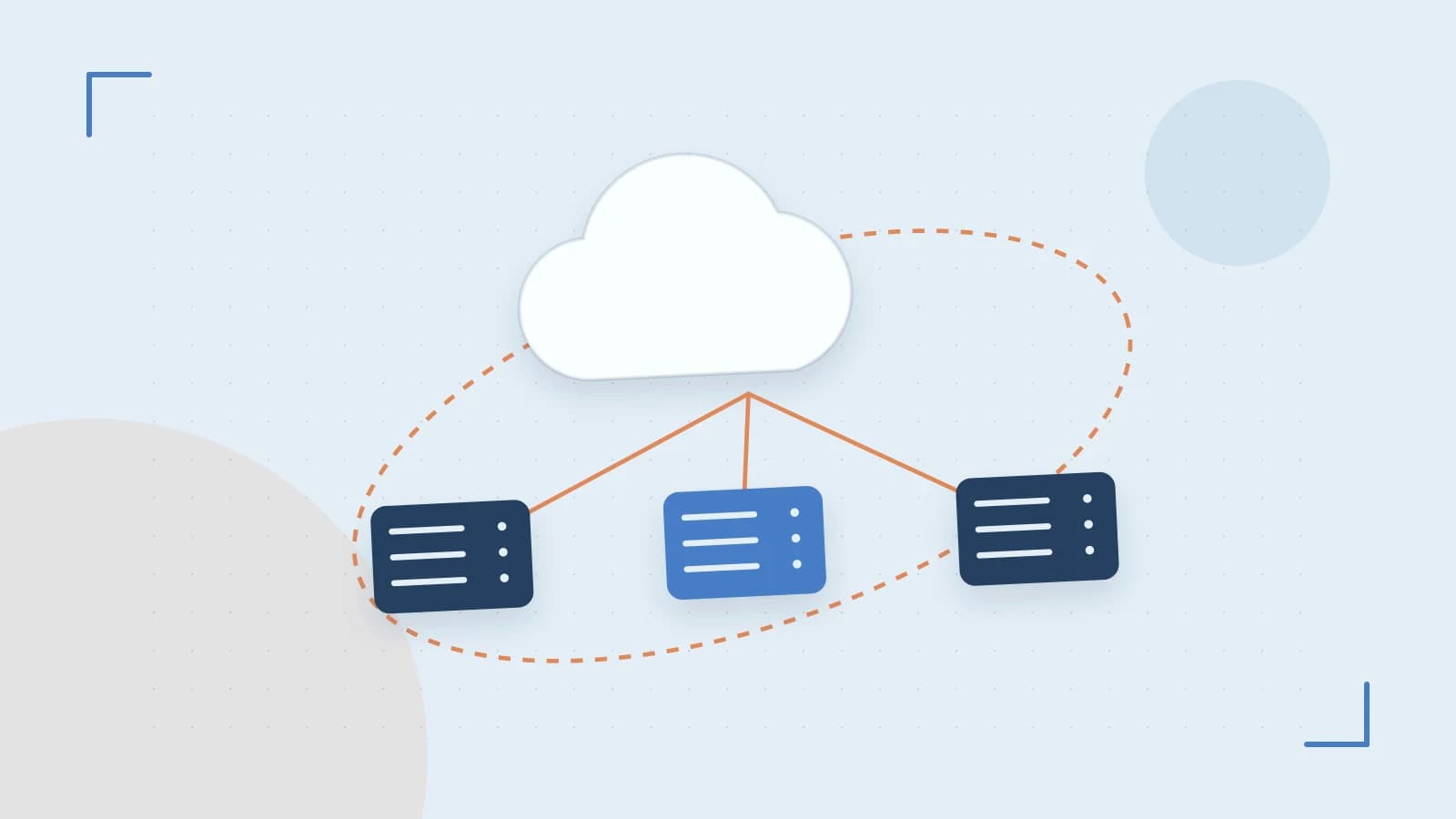 Editorial illustration of cloud infrastructure, connected server racks and an orbital service map