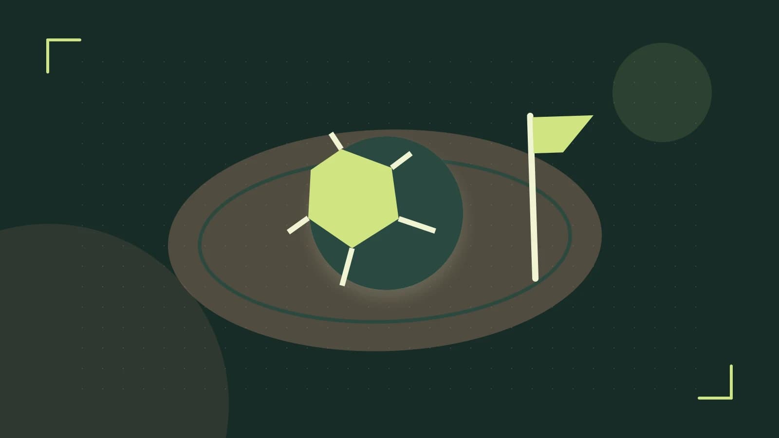 Editorial illustration of a stylized sports ball, stadium geometry and dynamic arcs