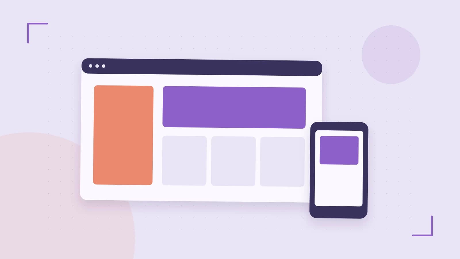 Editorial illustration of responsive browser layouts, overlapping design components and a color system