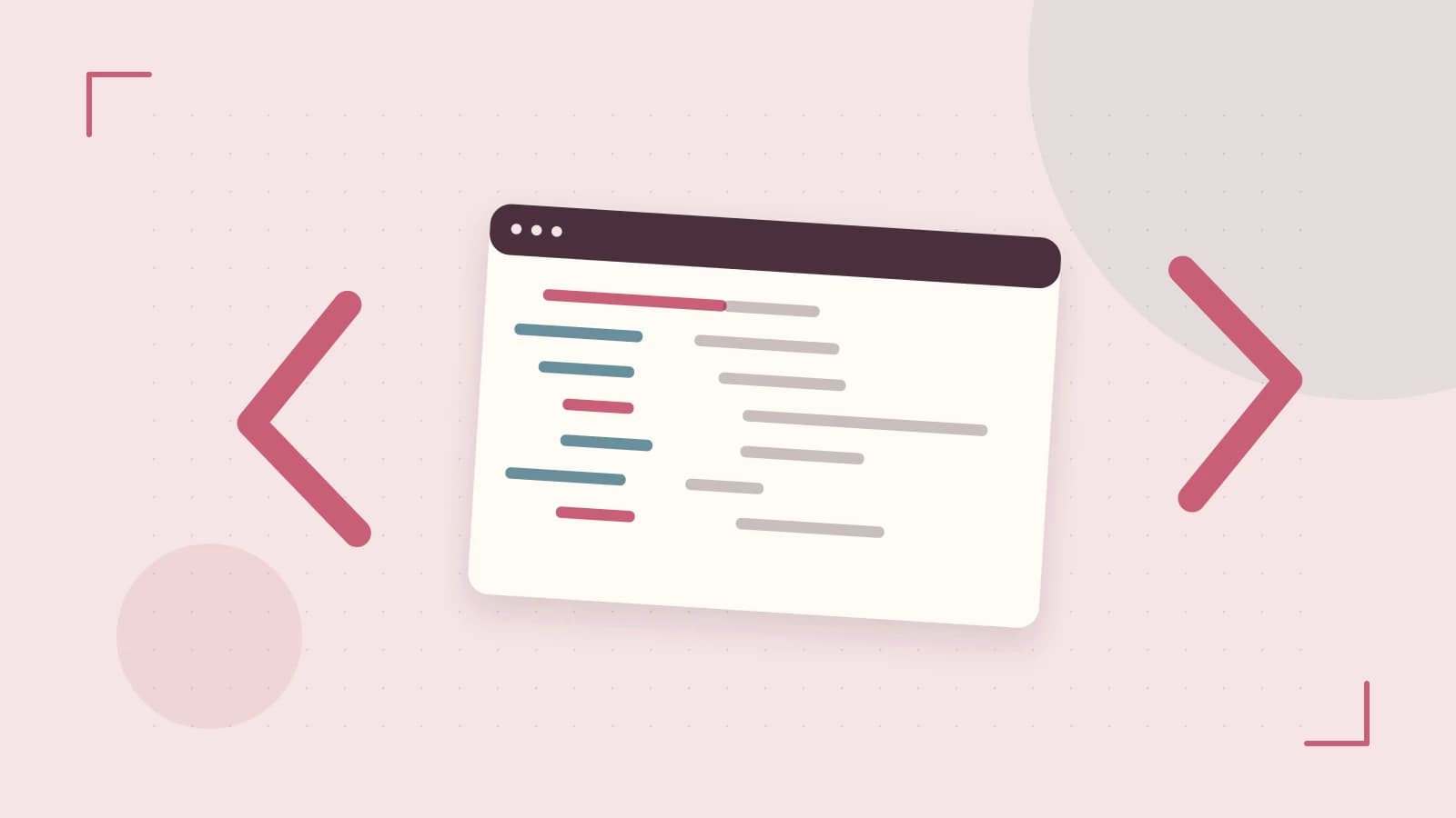 Editorial illustration of an abstract code editor, syntax blocks and oversized programming brackets