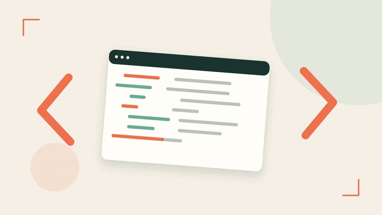 Editorial illustration of an abstract code editor, syntax blocks and oversized programming brackets