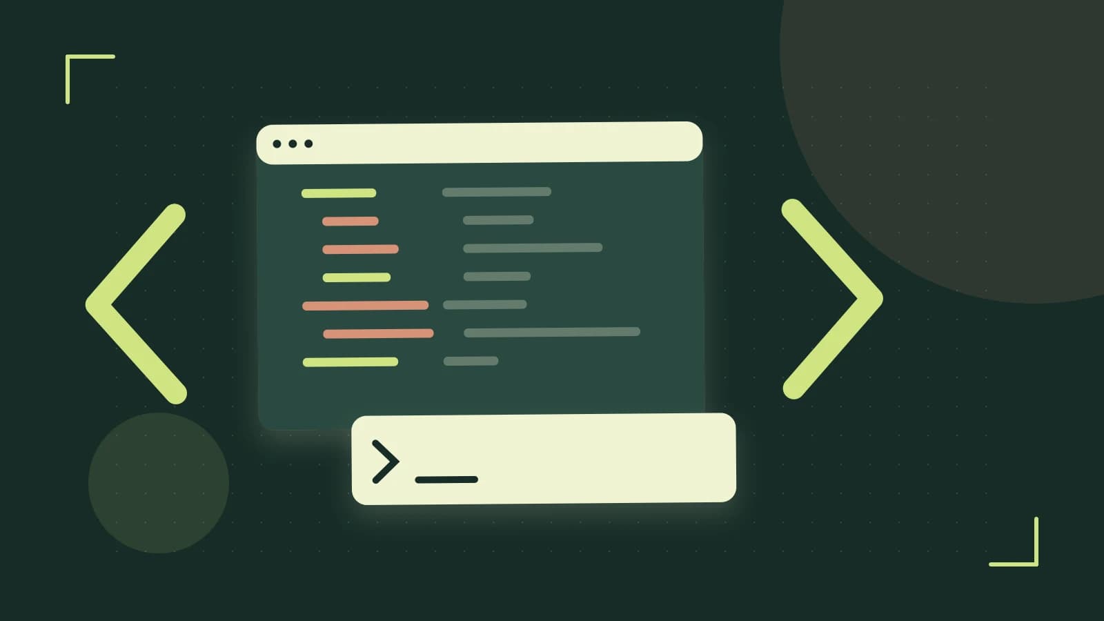 Editorial illustration of an abstract code editor, syntax blocks and oversized programming brackets