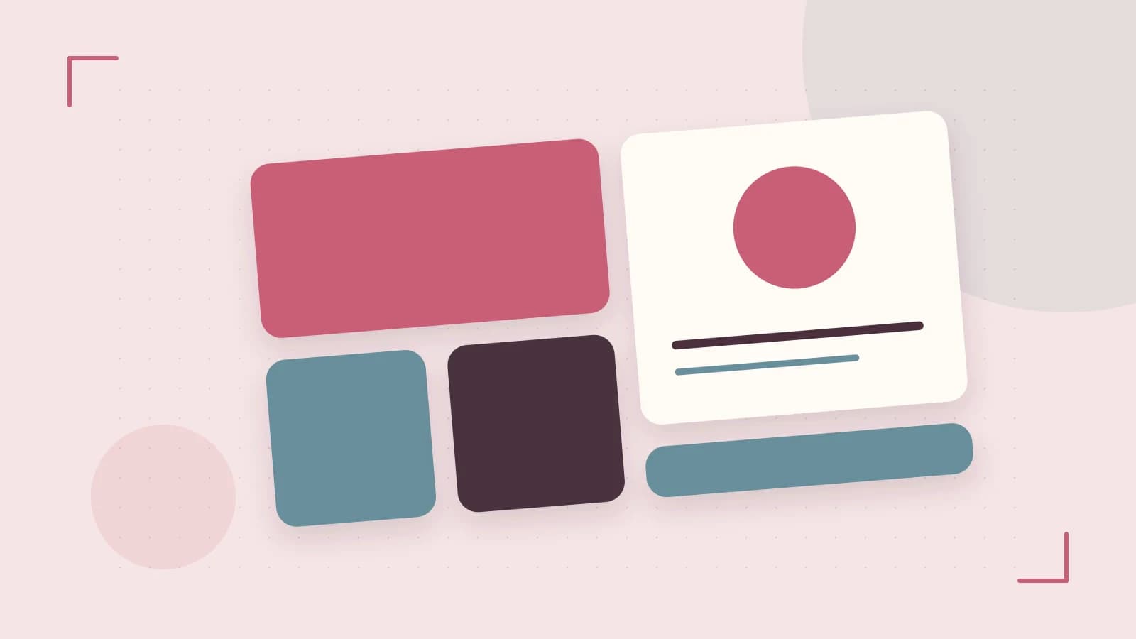 Editorial illustration of responsive browser layouts, overlapping design components and a color system